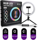 RGB LED Soft Ring Light MJ26 | 26cm (10.2”) | Dimmable with Tripod & Phone Holder, 360° Color Modes