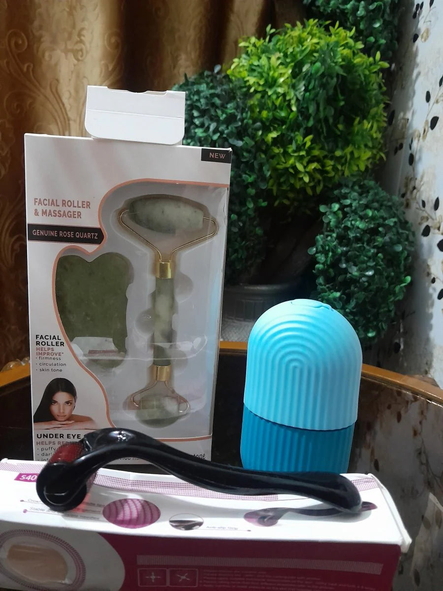 4 in 1 Value Bundle - Derma Roller, Jade Roller, Gua Sha & Ice Face Roller for Radiant Skin