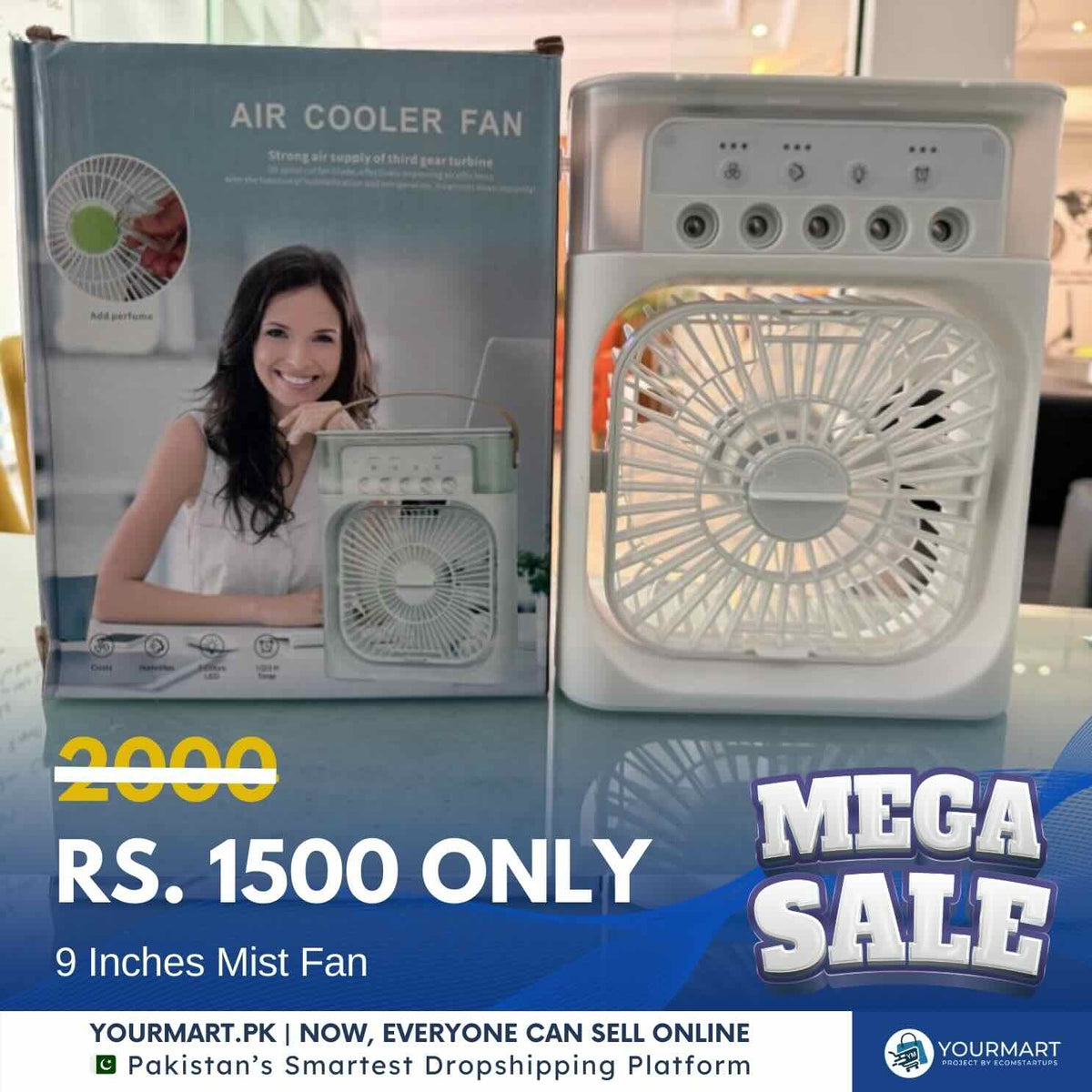 9 Inch Mist Fan | Portable Air Conditioner Fan |  Mist Water, And Humidifier Function | Led Night Light Water Mist | Random Color